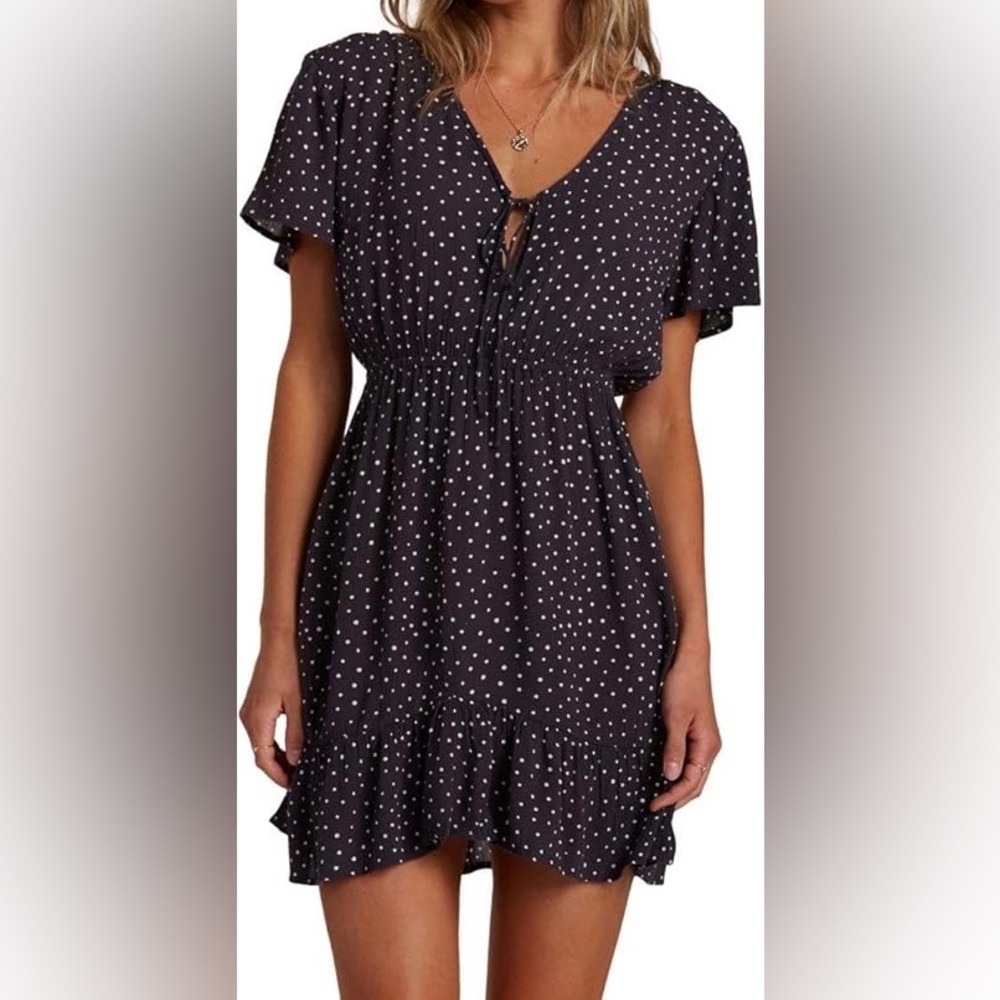 Billabong | Navy White Polka Dotted Summer Mini Dress Front Tie Elastic Waist